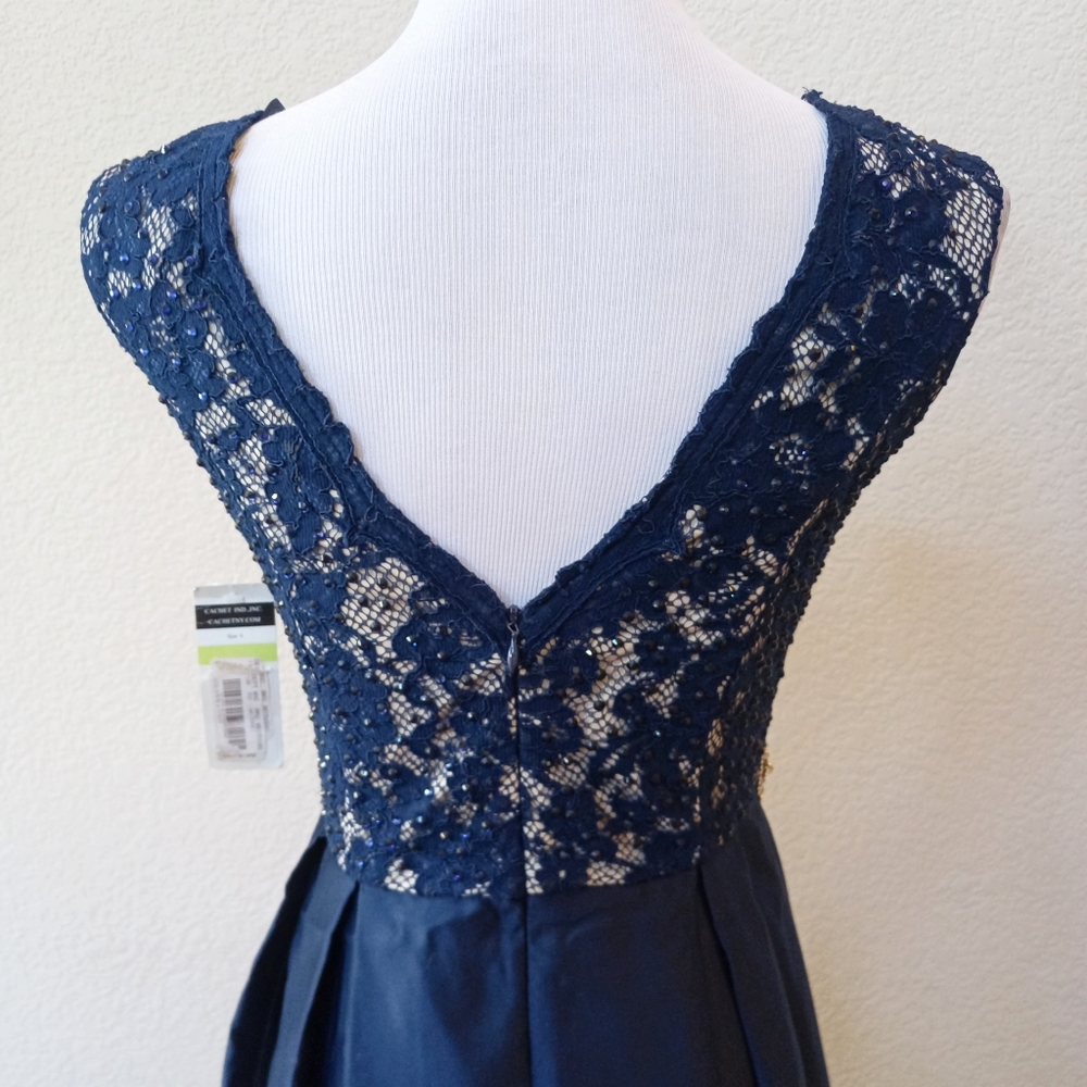 Cachet lace and satin navy blue jeweled waistband gown - Picture 12 of 13